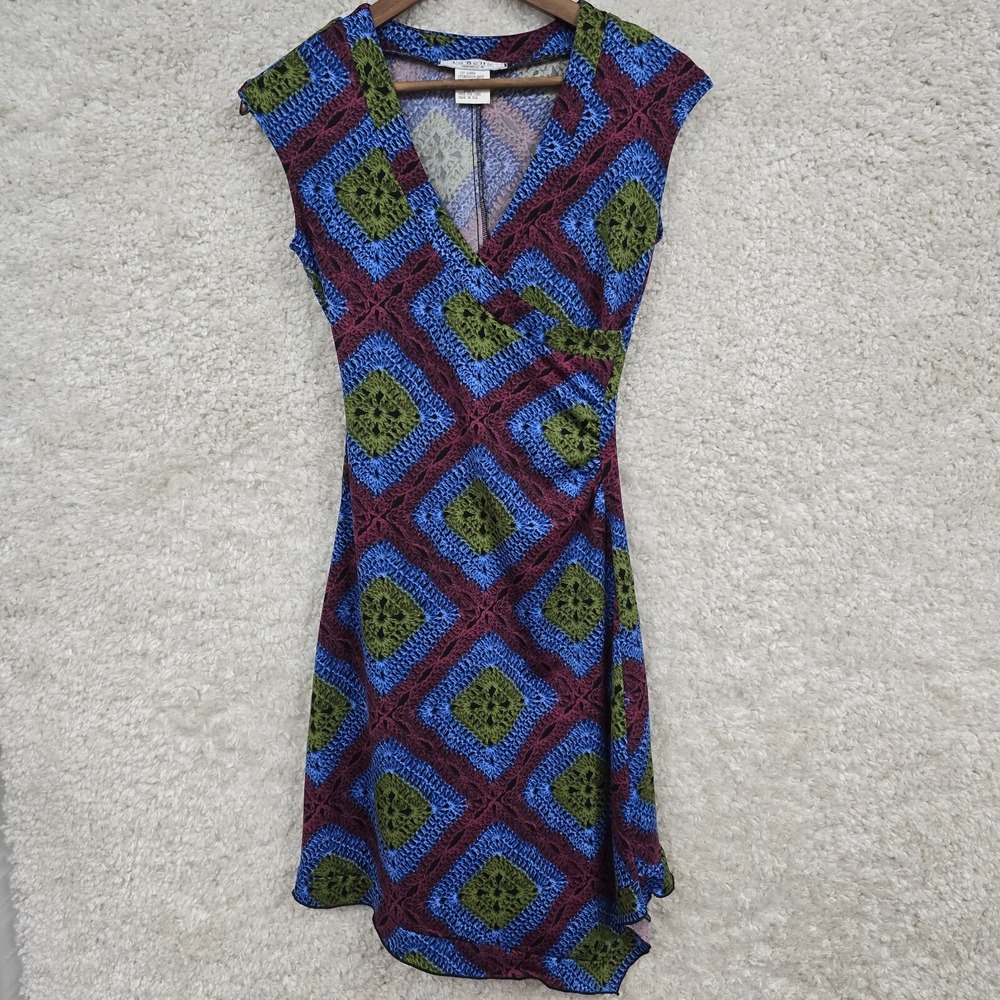 La Belle Womens Faux Wrap V Neck Dress Size Medium‎ Blue Green Red Retro Y2K USA